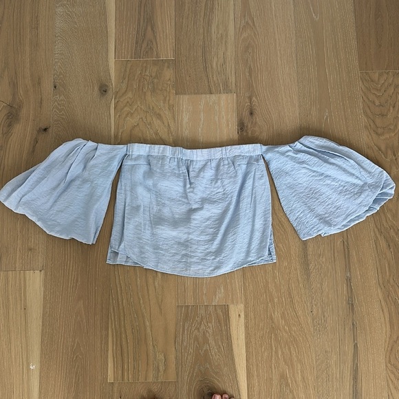 Elodie Tops - Elodie Strapless Off the Shoulder Puff Sleeve Blue Crop Shirt Blouse Cowgirl